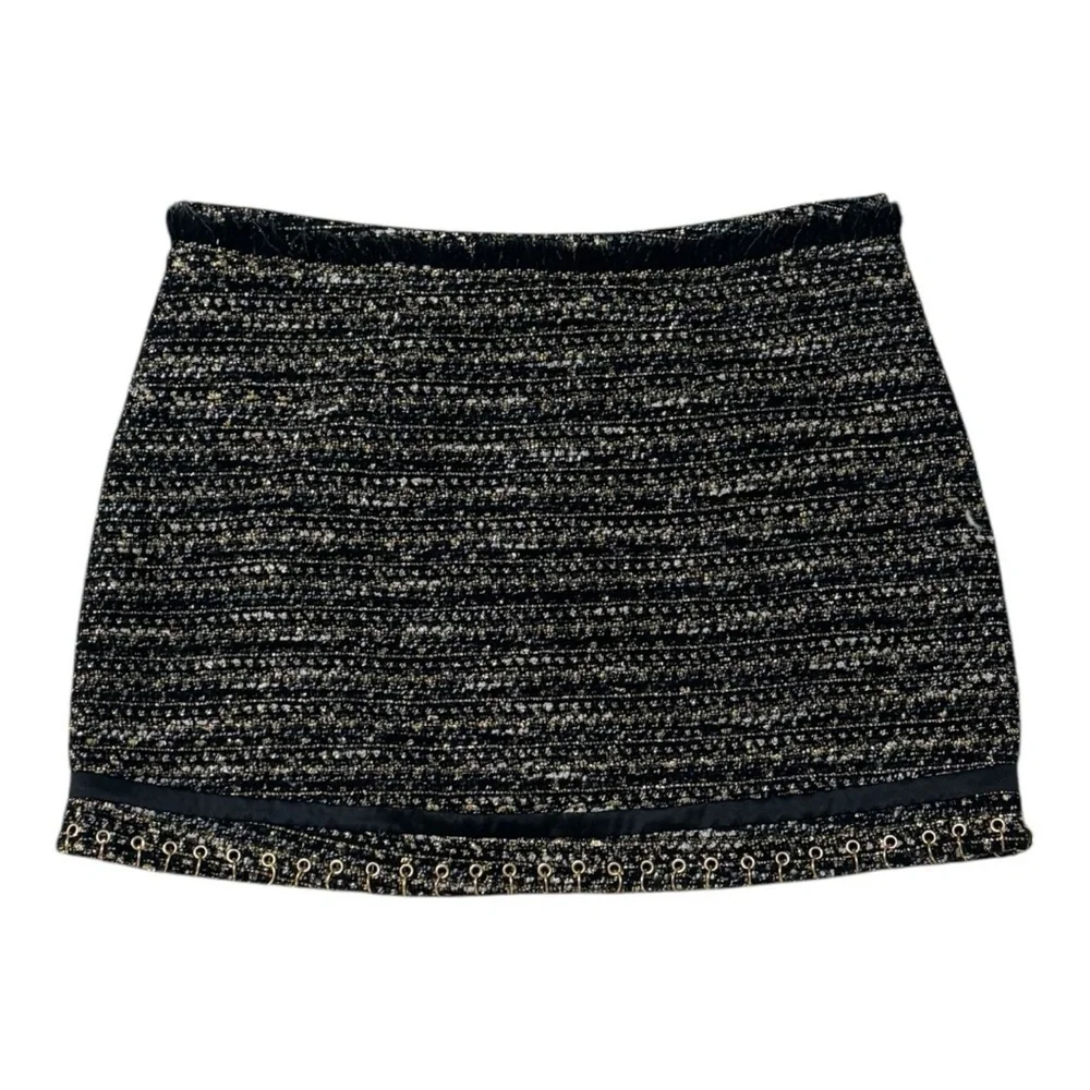 RAMY BROOK Rhonda Tweed Zip-Front Mini Skirt Gold Zipper Hardware Size 8 Black - Picture 8 of 15